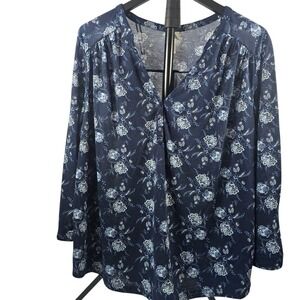 HM Navy Blue Floral V-Neck Button Front Blouse Top Womens Size XL Long Sleeve
